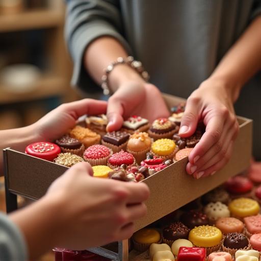 A person selecting sweets to put into a hamper.